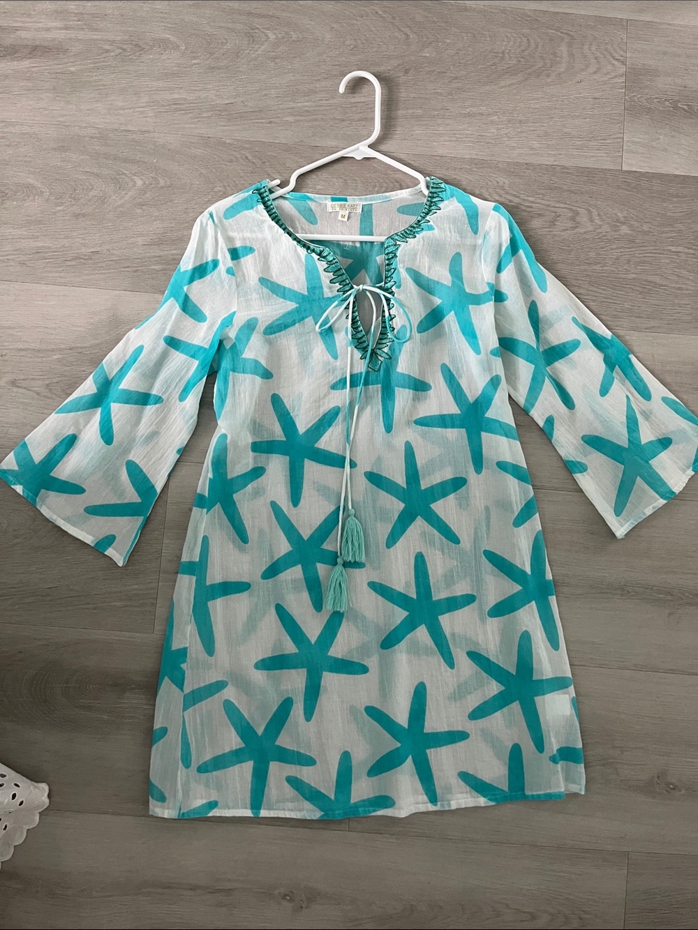 Debbie Katz Starfish Print Tunic cover up with Tassel Tie size M